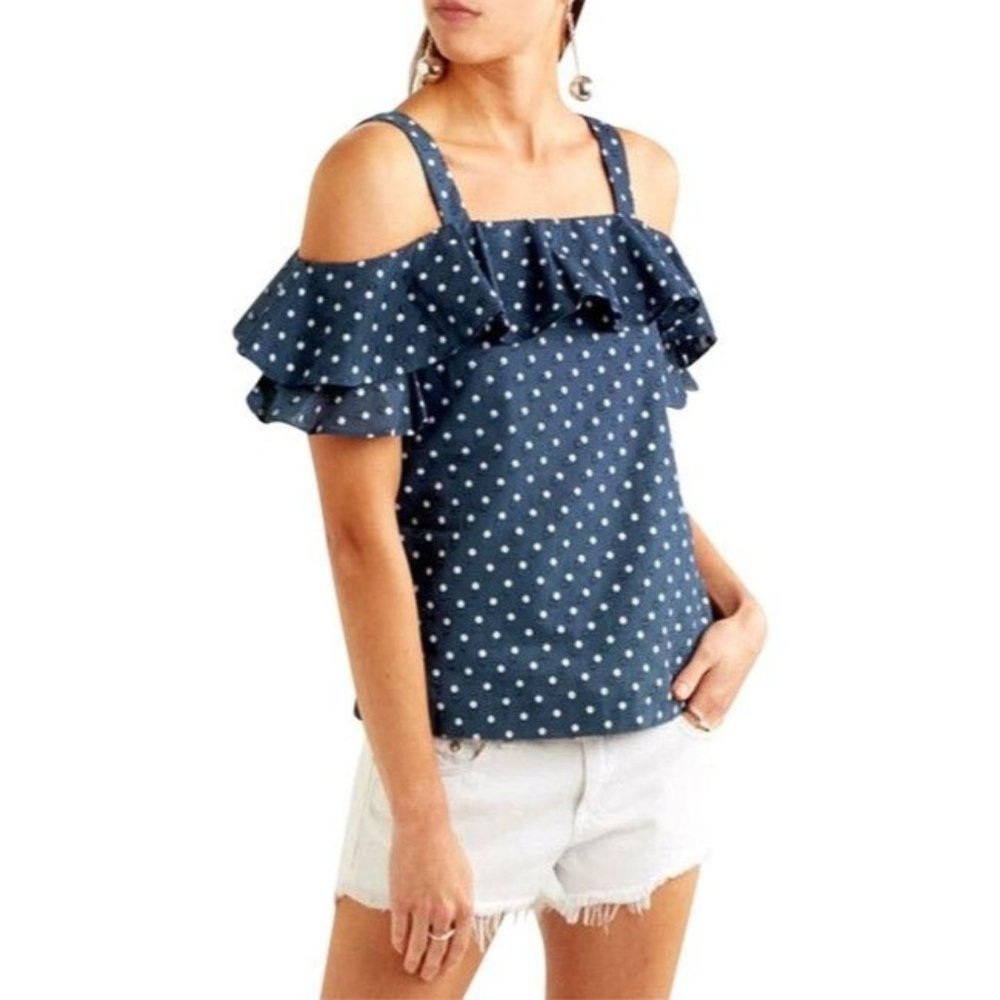 J. Crew Navy Blue & White Polka Dot Ruffled Off-The-Shoulder Blouse Size 00